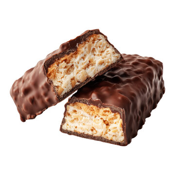 Chocolate snack protein energy fitness bar with nut cereal filling isolated on white background concept of sweet treat