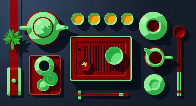 Chinese tea ceremony set with teapot and cups in a top-down view. Elegant green ceramics on wooden trays create a zen aesthetic. Cultural heritage concept for wellness and hospitality marketing.