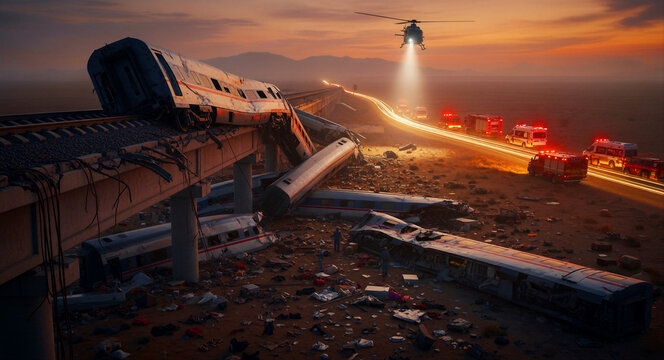 Train derailment site with overturned carriages at sunset. Emergency vehicles and a rescue helicopter arrive at the scene. Transport disaster and public safety concept for news and risk assessment.