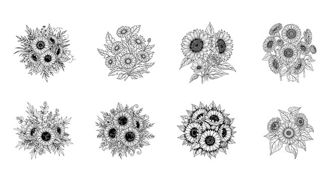 Set of hand drawn sunflower bouquets in sketch style