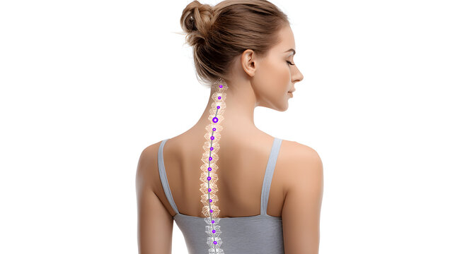 Woman with highlighted spine and postural assessment markings on her back viewed from behind wearing a gray tank top against a white background