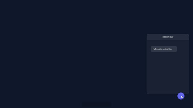 Customer support chat interface on dark background showing technical license key inquiry and response