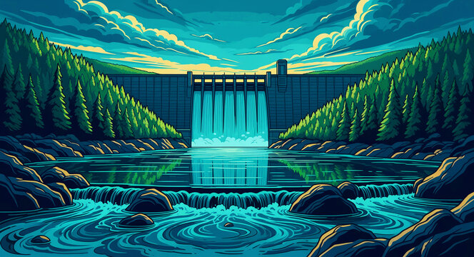 Stylized illustration of a hydroelectric dam releasing water into a river. The facility is surrounded by lush pine forests and mountains. Clean energy and sustainable infrastructure concept.