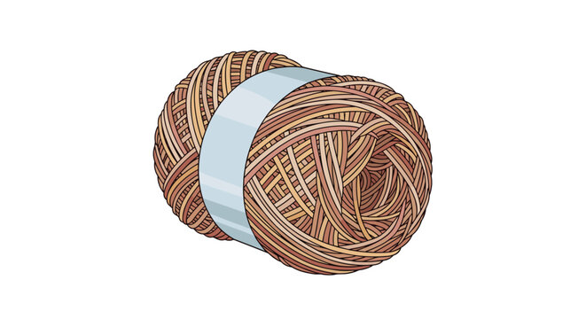 Ball of soft brown knitting yarn is neatly wound and held together by a simple light blue paper label in the center.