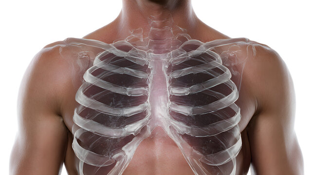 Photorealistic medical illustration of human ribcage with fractured rib bones transparent skin and detailed skeletal structure on a white background