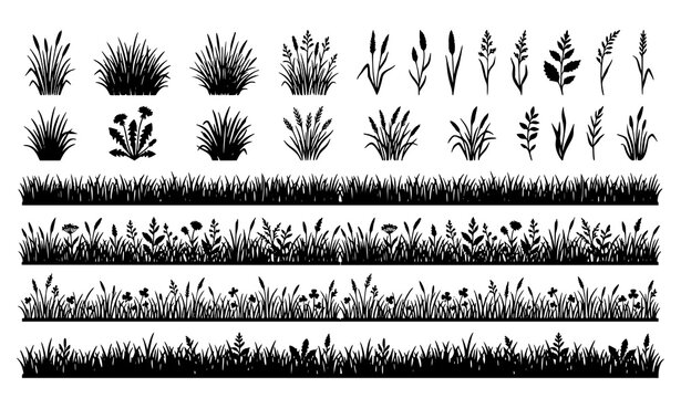 Grass silhouette and lawn border set natural landscape vector illustration isolated on white background