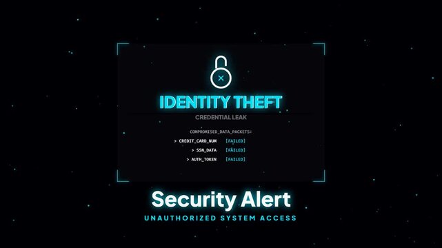 Identity Theft Security Alert Animation with Credential Leak Warning and Compromised Data Packets UI