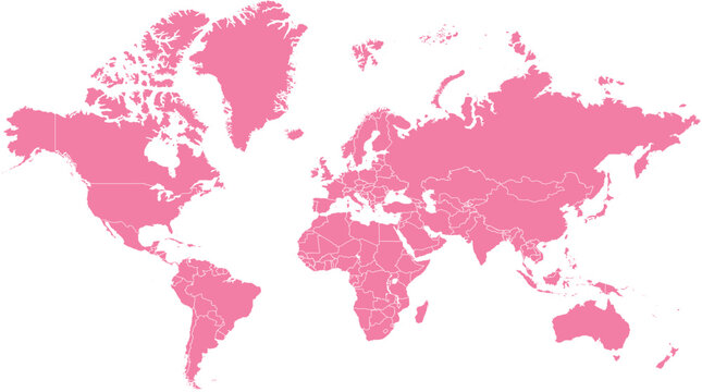 Pink World Map, Global Vector Map, Pink Map Illustration, World Map Outline