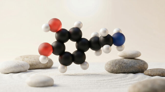 3D Dopamine Molecule Model Over Zen Sand Garden with Smooth Stones; Science Concept of Happiness, Reward, and Motivation Neurotransmitter in a Peaceful Minimalist Aesthetic Illustration Backdrop