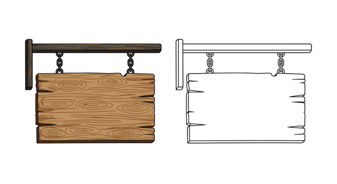 Rustic wooden hanging sign suspended by metal chains shown in a colored version and a simple line drawing style.