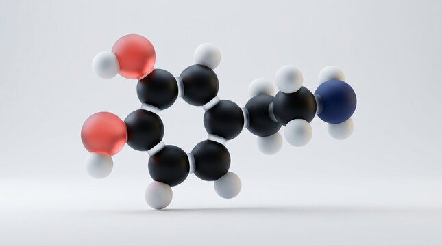 3D Rendering of Dopamine Molecule, Comprehensive Visual Representation of Neurotransmitter Chemical Structure for Medical Science Research, Mental Health Education, Biology, and Brain Chemistry