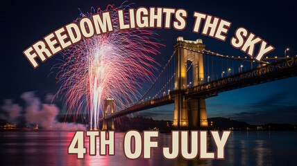 Fireworks Display Over Suspension Bridge On 4th Of July Night For Independence Day Celebrations