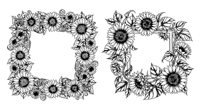 Two square decorative floral frames made of hand drawn sunflowers