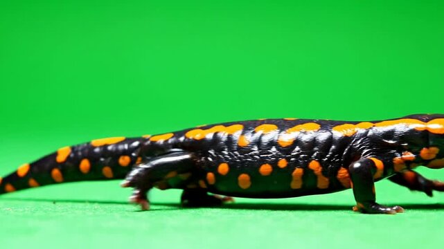 Close-Up of a Vibrant Black and Orange Salamander Crawling on a Vivid Green Background with Copy Space for Ecological and Educational Use