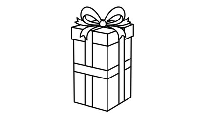 Fototapeta premium Black and white line art of a tall gift box tied with a ribbon and a large decorative bow for coloring activities.