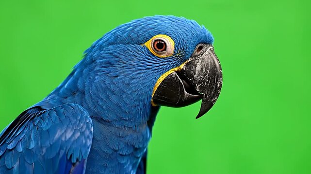 Close-Up of a Vibrant Blue Hyacinth Macaw Against a Bright Green Background with Detailed Feathers and Expressive Eye
