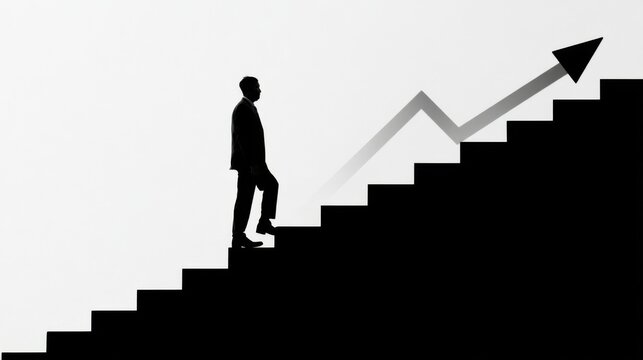 A silhouetted man in business attire ascends stairs with purpose, accompanied by a stylized upward arrow symbolizing suc