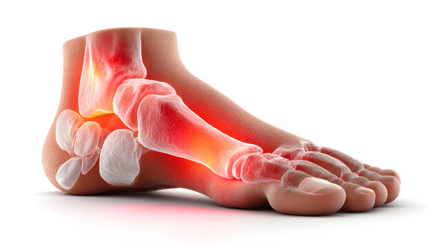 Medical illustration of a foot with highlighted sesamoiditis showing pain and inflammation in the sesamoid bones