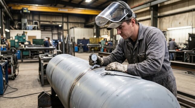 Medium shot of a technician performing precise weld inspection on a horizontal air receiver tank using gauges to ensure safety and compliance in industrial fabrication.