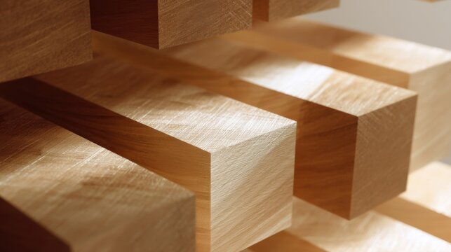 Staggered interlocking wooden blocks in a geometric pattern with soft lighting and natural wood grain texture.