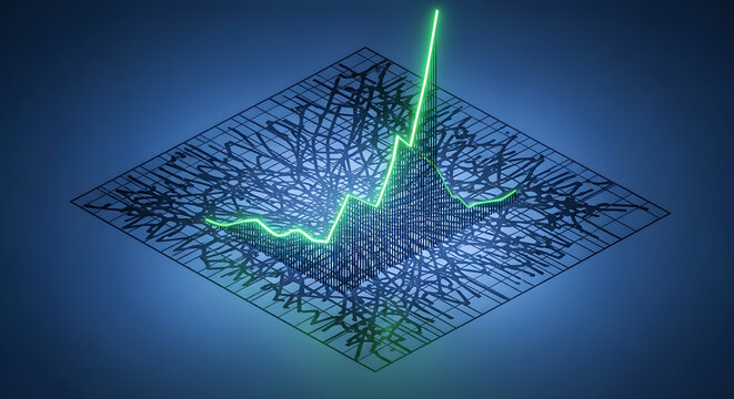 Dynamic digital landscape showcasing a vibrant green line representing exponential growth and data analysis within an intricate interconnected network, symbolizing progress and innovation