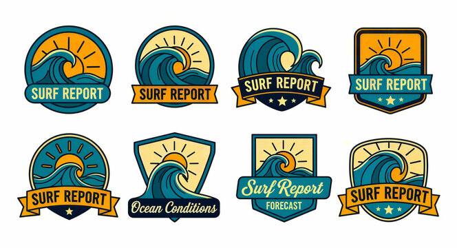 Set of vintage surf report logos featuring ocean waves and sun symbols. Graphic badges with retro typography for coastal weather forecasts. Professional vector design ideal for surf shop branding.