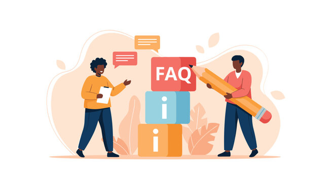 People building stack of colorful blocks with FAQ and info symbols for professional customer support and knowledge base management.