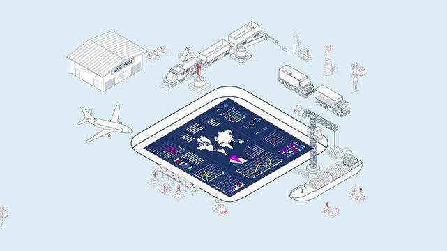Logistics supply chain process animation for modern industry and transportation. Isometric animation 4k