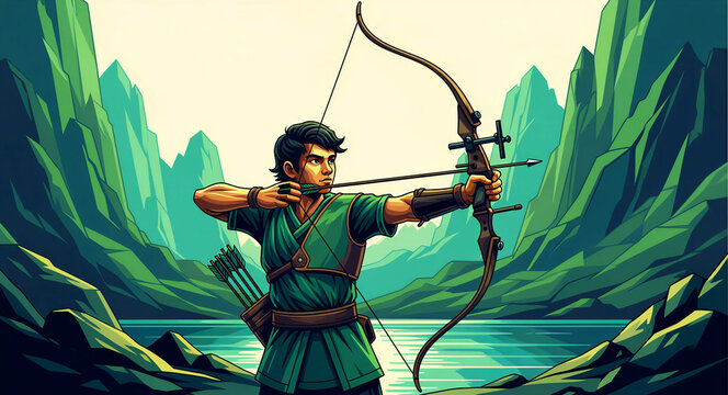 Young male archer aiming a longbow in a scenic mountain landscape. Hunter wearing green tunics standing by a river. Fantasy character design ideal for gaming and storytelling projects.