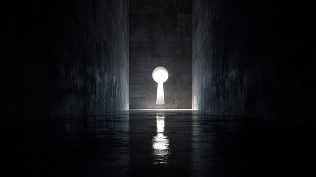 Dark endless corridor with towering rough walls, reflective floor, distant glowing keyhole symbolizing hope and mystery.