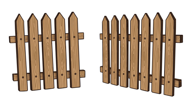 Two sections of a traditional wooden picket fence shown from different perspectives with a natural wood grain texture for landscaping concepts.