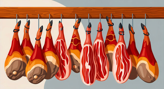 Traditional Spanish ham legs hanging on a wooden rack. Gourmet jamon serrano and prosciutto drying in a rustic deli. Meat curing concept ideal for culinary marketing and food industry brochures.