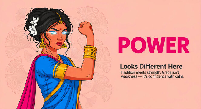 Indian woman in a blue saree flexing her arm to show strength. Modern illustration features traditional culture with glowing eyes. Feminist empowerment concept ideal for diversity campaigns.