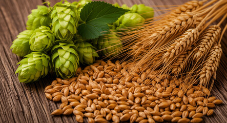 Naklejka premium Fresh hops and golden wheat ears on a rustic wooden background. Loose grain kernels scattered beside traditional brewing ingredients. Craft beer raw materials concept ideal for brewery marketing.