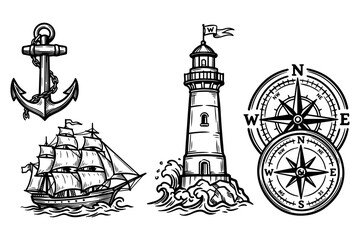 Vintage nautical icons set, hand drawn lighthouse and sailing ship illustrations, antique maritime anchor and compass rose sketches on white background © Creative Wings
