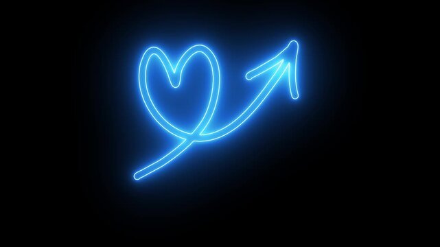Glowing blue neon heart arrow sign, romantic love symbol animation on black background
