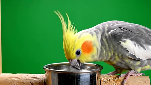 Close-Up of a Vibrant Cockatiel Drinking Water from a Metal Bowl Against a Green Chroma Key Background