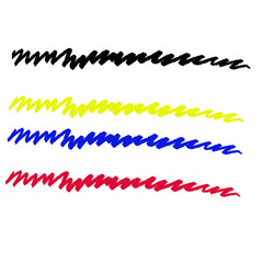 Fototapeta premium Four horizontal lines of colorful abstract scribbles including black yellow blue and red isolated on transparent background