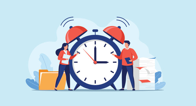 Man and woman manage their busy workload standing next to a giant alarm clock surrounded by files and folders.