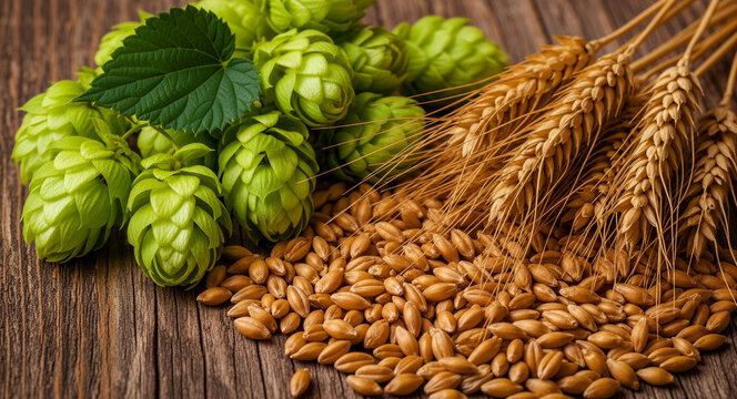 Green hop cones and golden wheat stalks with barley grains on a wooden table. Essential raw ingredients for craft beer brewing. Brewery concept ideal for beverage industry marketing and design.