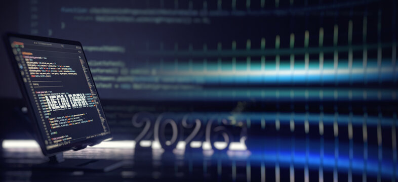 Programming code on computer monitor with glowing 2026 background