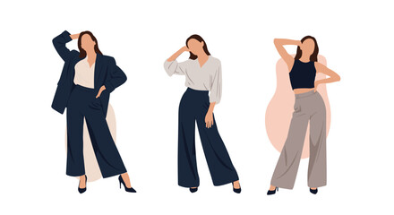 Fototapeta premium Three fashionable women in stylish professional and casual outfits pose elegantly against a minimal background.