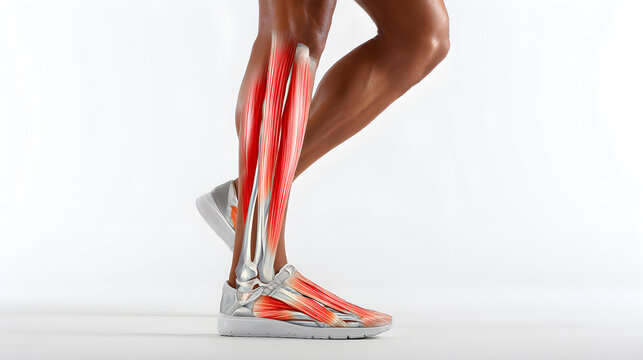 Athlete's leg with stress fracture and highlighted muscles and tendons in medical illustration