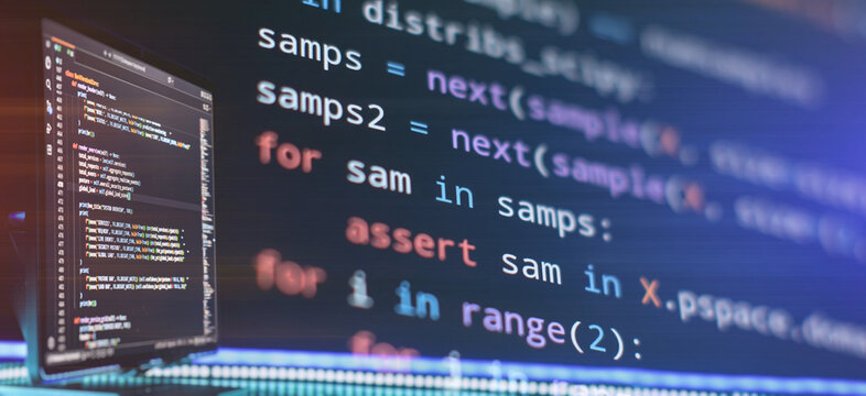 Data science and machine learning programming code on screen. Abstract technology background with giant blurred Python script.