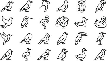 Obraz premium Black and white line icons set of animals collection