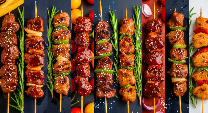 Variety of grilled meat skewers with peppers and onions. Marinated kebabs seasoned with sea salt and fresh rosemary. Delicious BBQ food collage ideal for restaurant menus and grilling advertising.