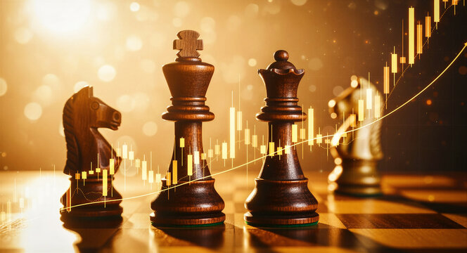 Chess pieces on a board with glowing financial stock market charts. Trading graphs and candlestick charts show upward trends. Business strategy and investment growth concept for finance marketing.