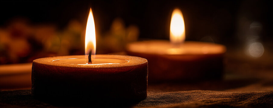 Close-up candle flames glowing, shallow depth of field, blurred cake edges 32k