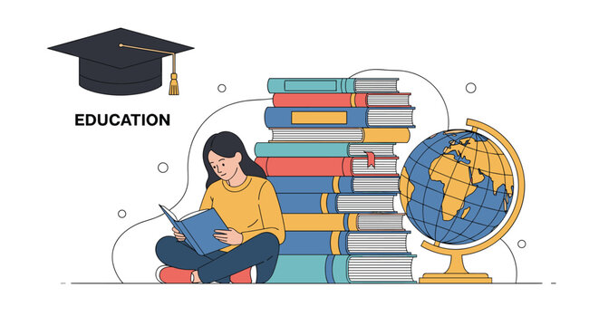 Young woman student sitting on the floor reading a book next to a large stack of textbooks and a geographic globe for learning.