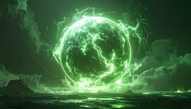 A glowing green orb radiates energy on a dark rocky shoreline